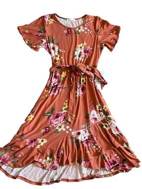 Reborn J Burnt Orange Floral Tie Waist Midi Dress Career Church Modest NWT Sz M